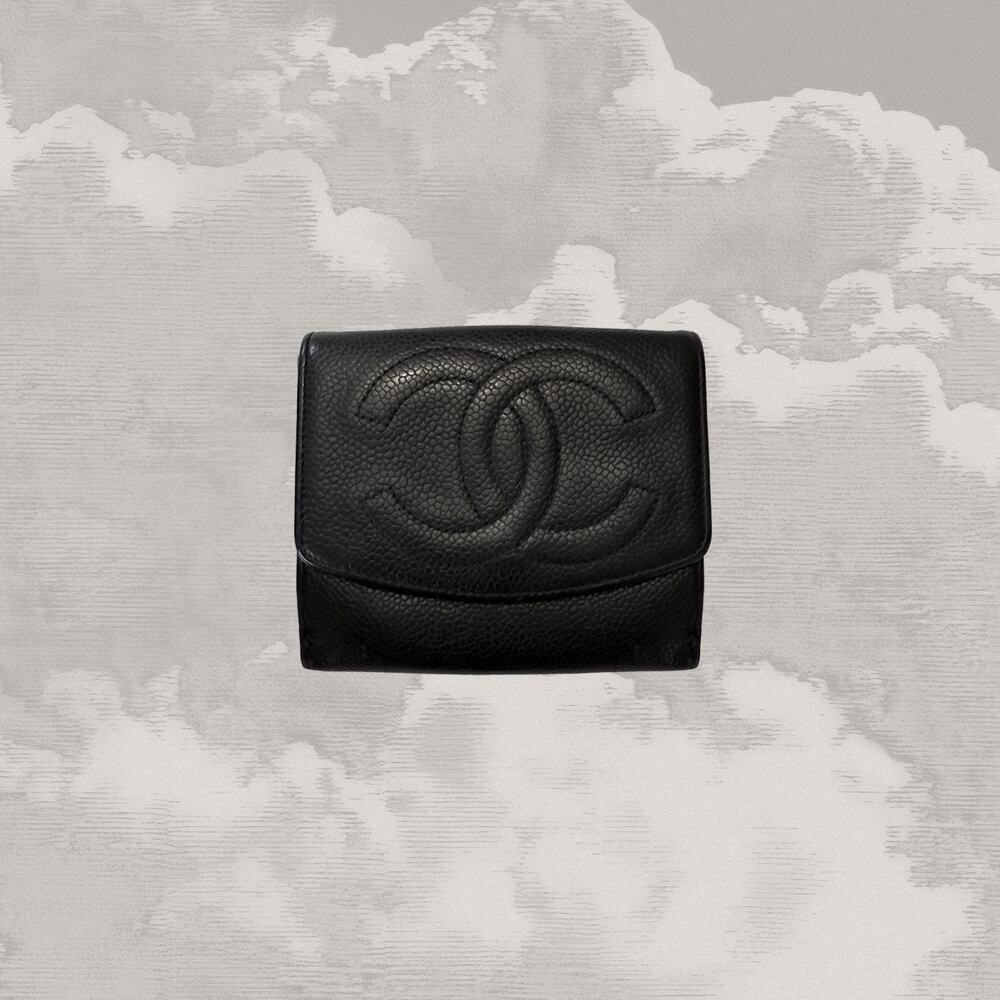 CHANEL Caviar Black Leather Timeless 'CC' Compact Wallet Bifold Chain included